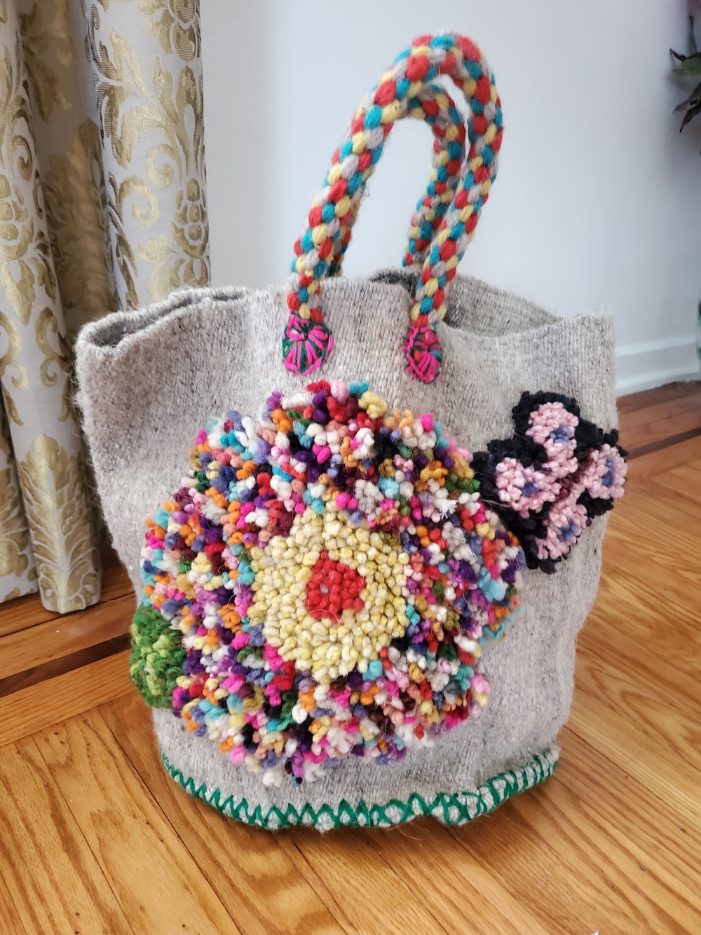 Neutral Wool Multicolor Pom-Pom Floral Tote